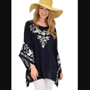 Monoreno Embroidered Oversized Boho Handkerchief Sleeve Blouse